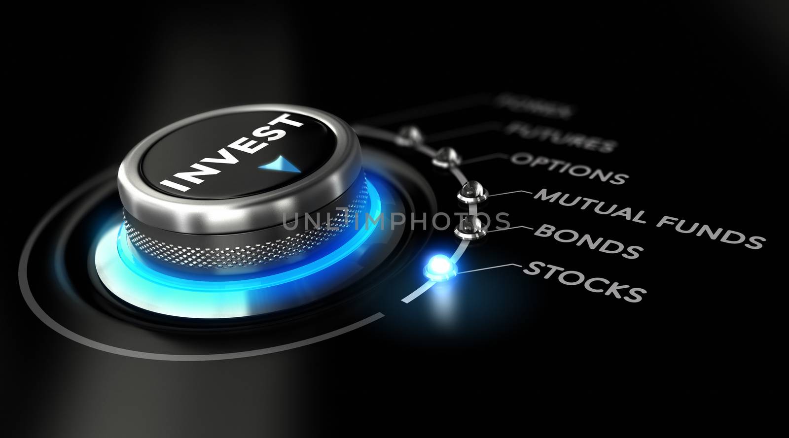Switch button positioned on the word stock, black background and blue light. Conceptual image for illustration of investment strategy