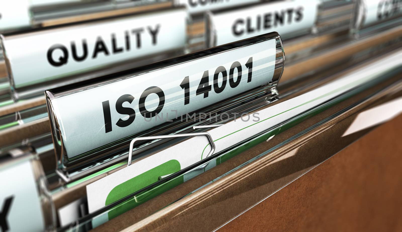 Close up on a file tab with the word ISO 14001, focus on the main text and blur effect. Concept image for illustration of Quality Standards