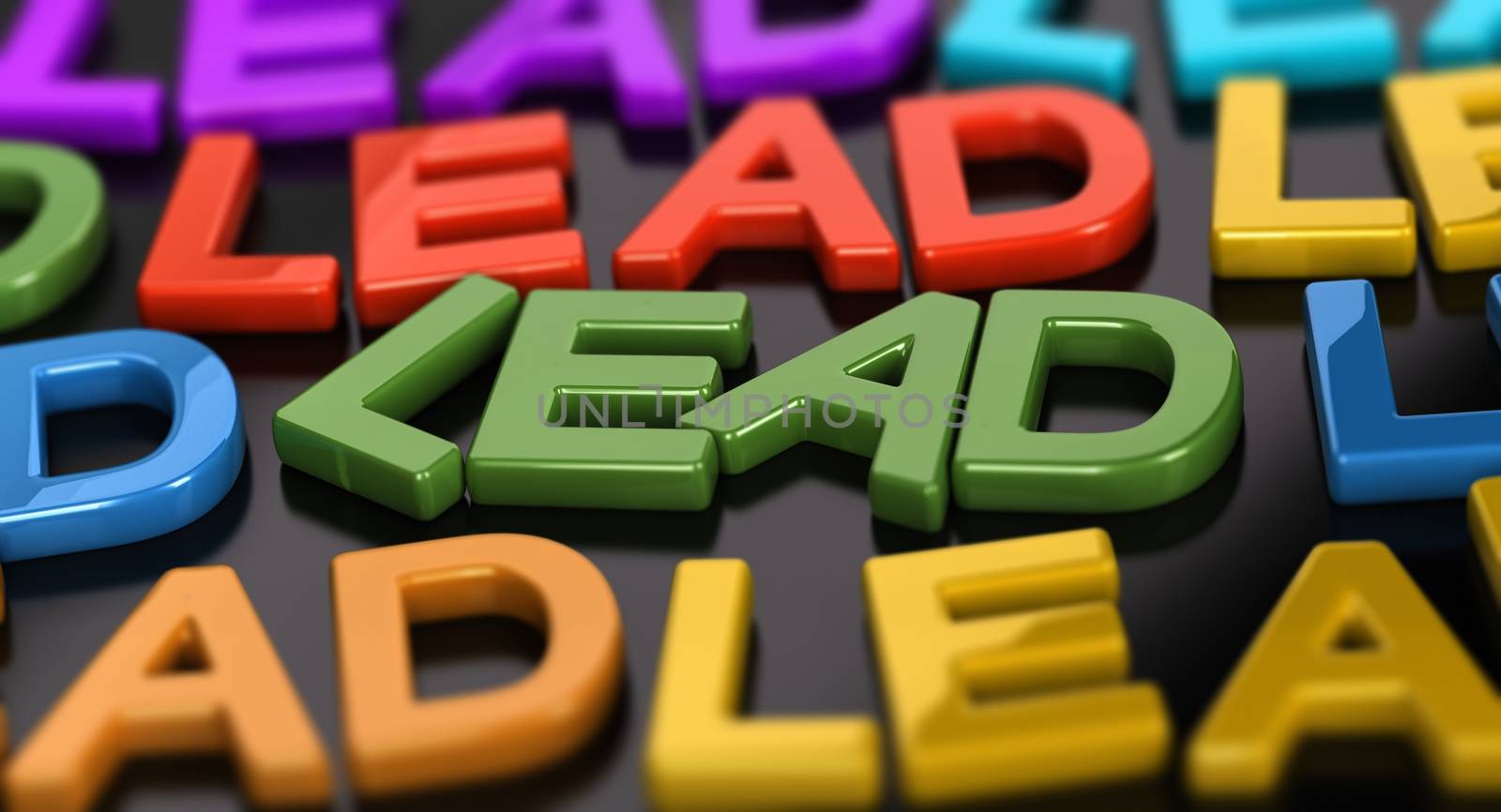 Focus on the word lead with many words around over black background. 3D concept illustration of leads generation.
