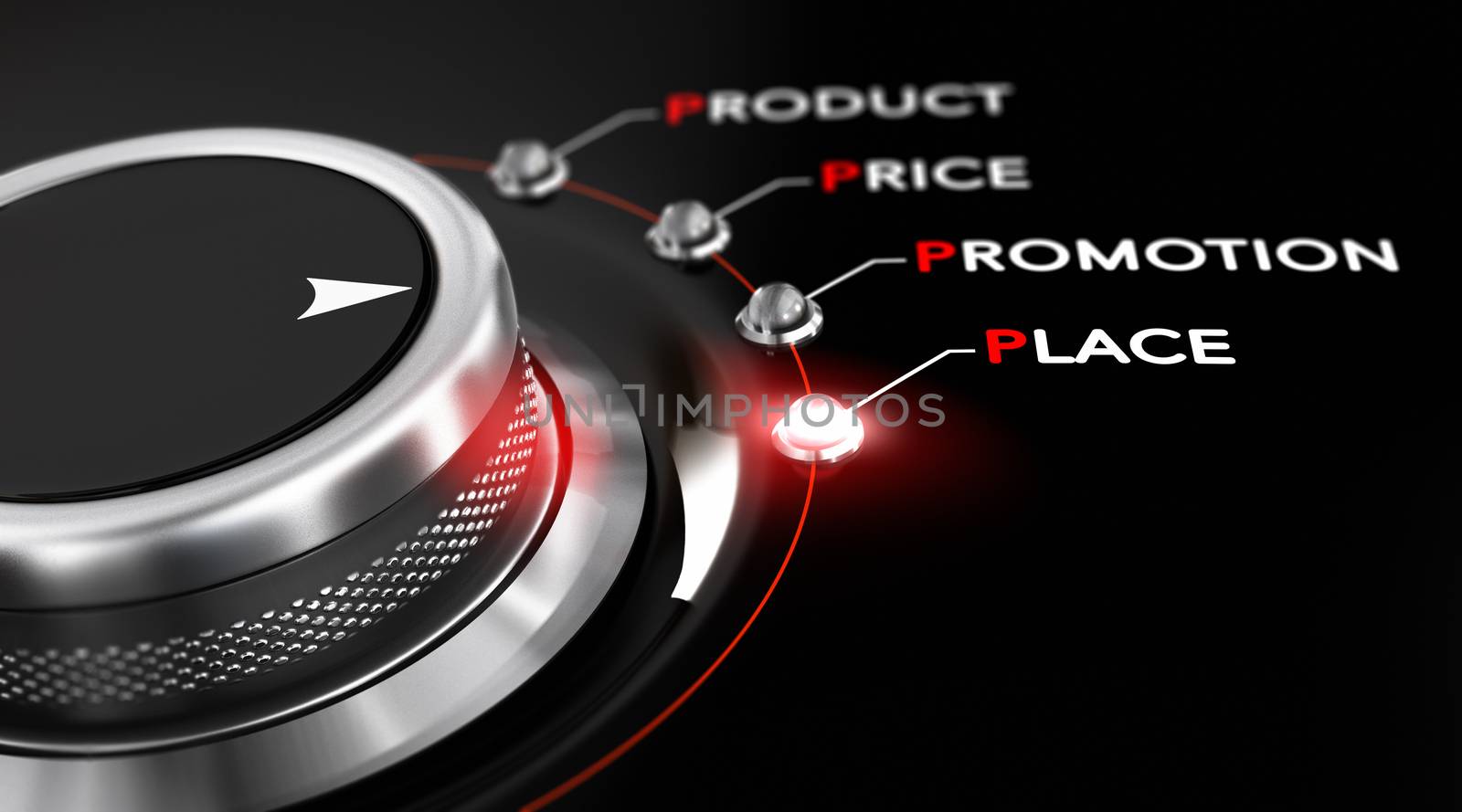 Switch button positioned on the word place, black background and red light. Conceptual image for illustration of Marketing MIX, product, price, promotion and place.