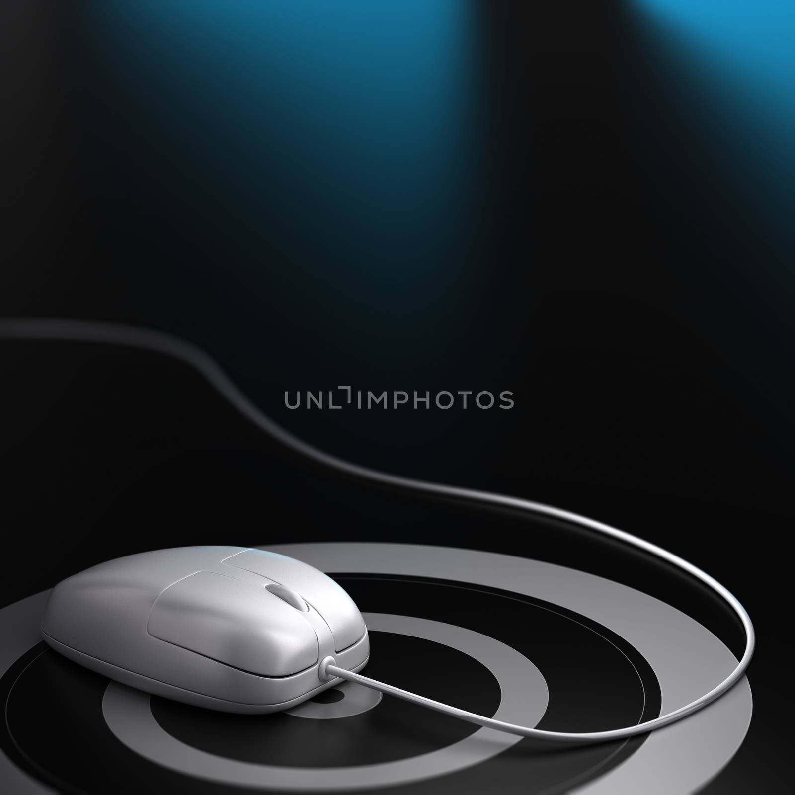 White mouse over a target with wire, black background, blue reflection and blur effect. Square image