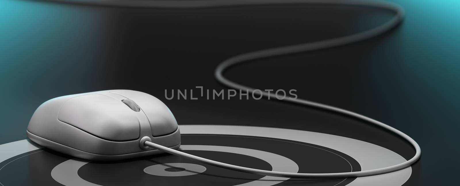 White mouse over a target with wire, black background, blue reflection and blur effect