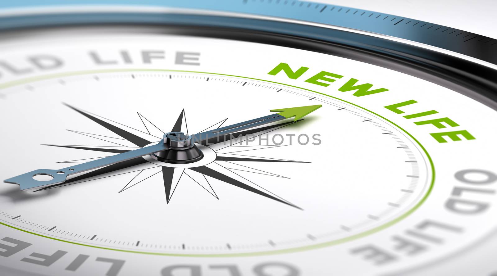 Compass with needle pointing the text new life. Conceptual illustration suitable for change motivation.