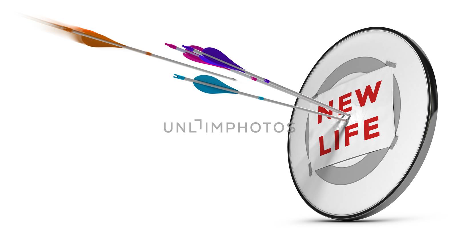 One target with three colorful arrows hitting the text new life. Concept image for illustration of successfuly start a new life or self confidence, .