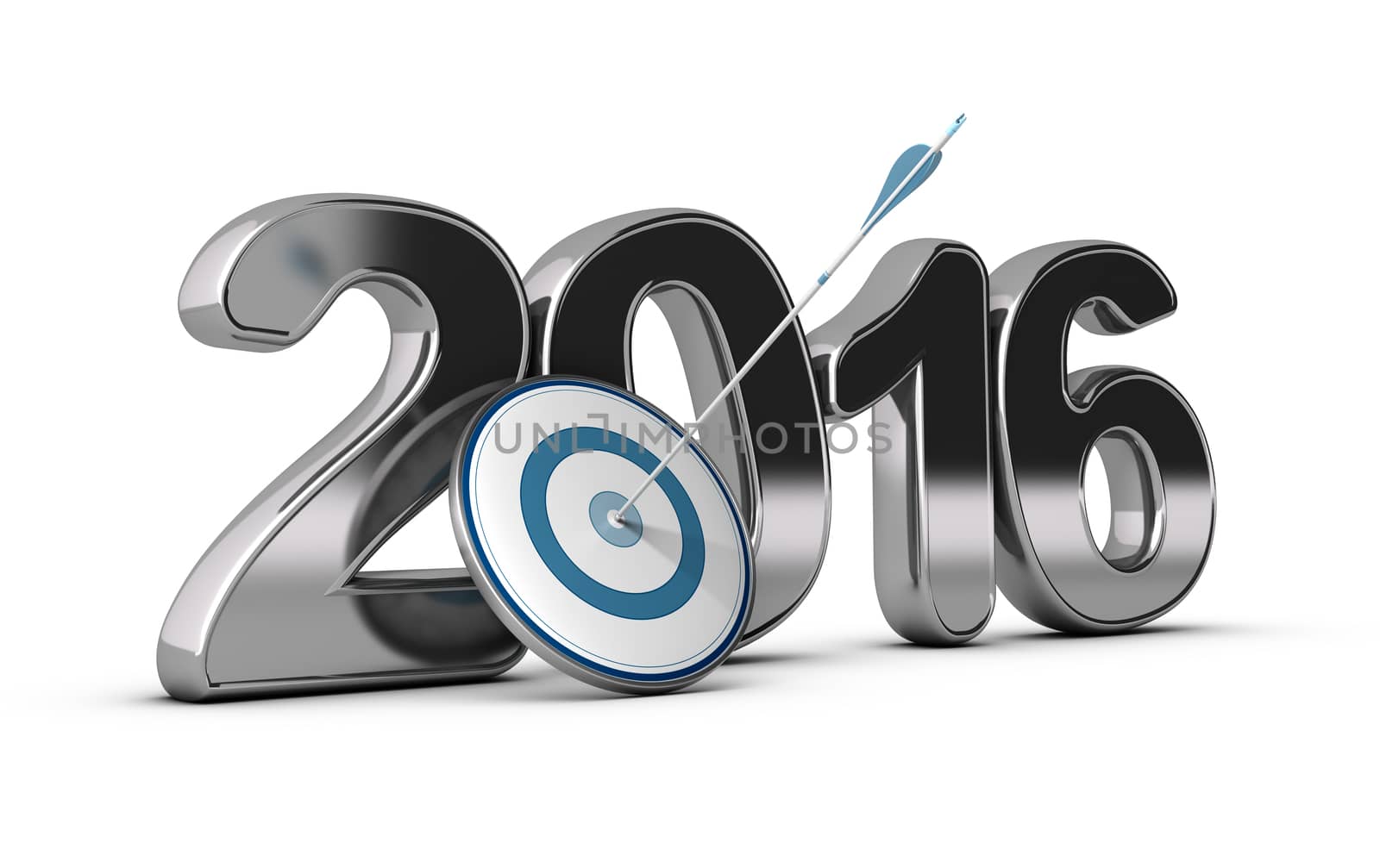 3D metallic Year 2016 with a target at the foreground with an arrow hitting the center, concept image for achieving business objectives in two thousand sixteen. 