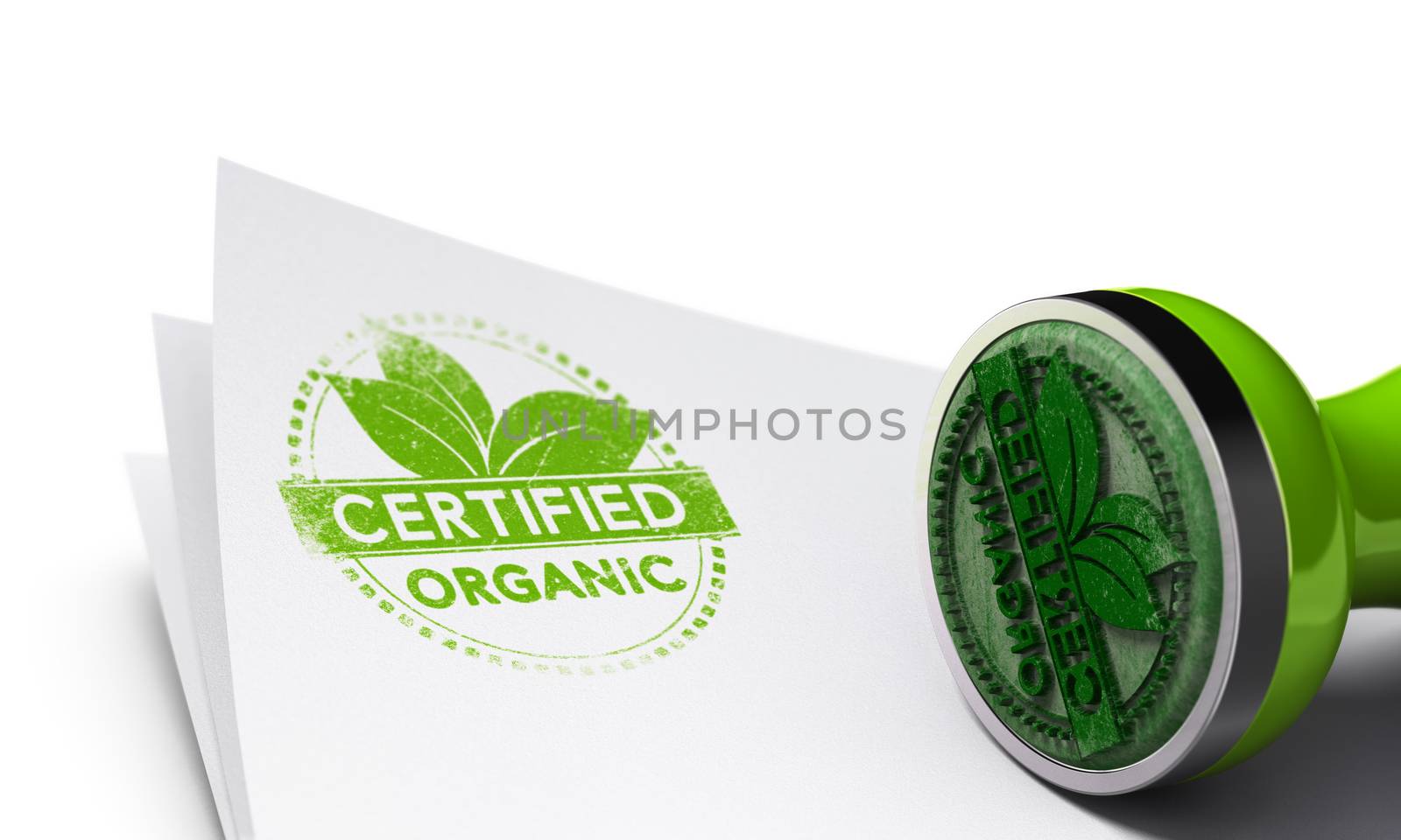 Rubber stamp over paper background with organic certified label symbol imprinted on it. Concept image for illustration of organic products.