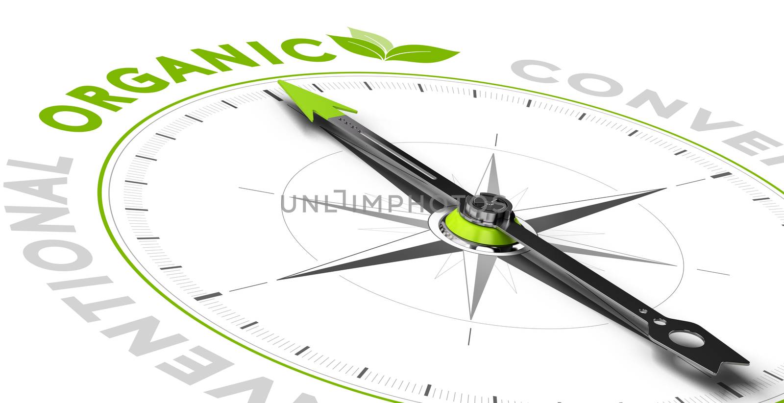 Compass with needle pointing the word organic. Green and grey tones over white background, Conceptual illustration for healthy eating and organic farming.