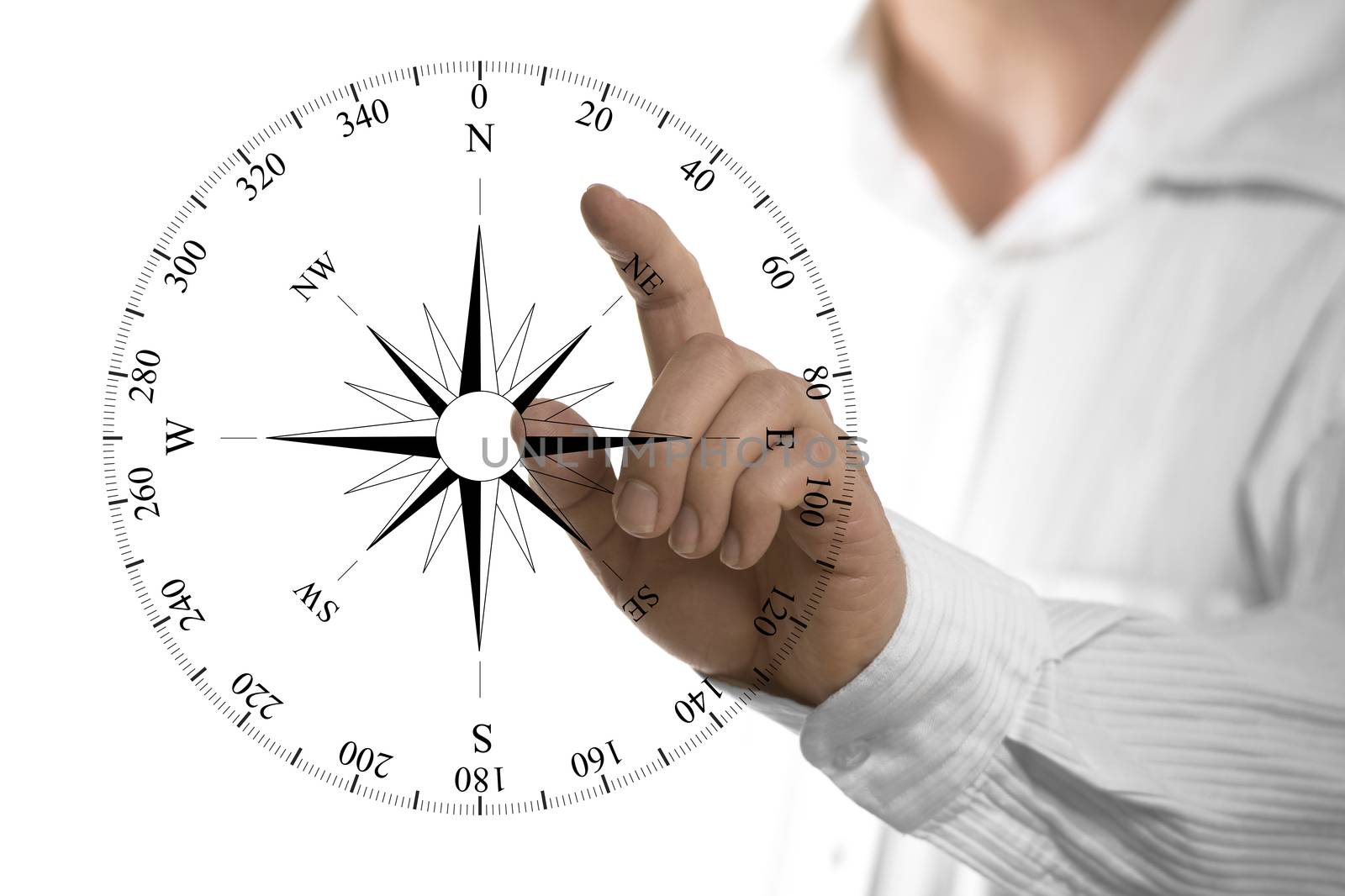Finger about to touch a compass rose over white background. Concept of orientation.