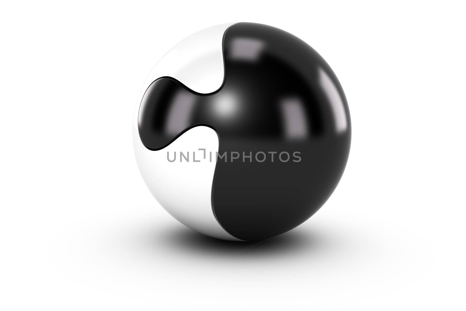 Splited sphere or spherical jigsaw puzzle with two colors black and white symbol of partnership or collaborative work or strategic alliance.