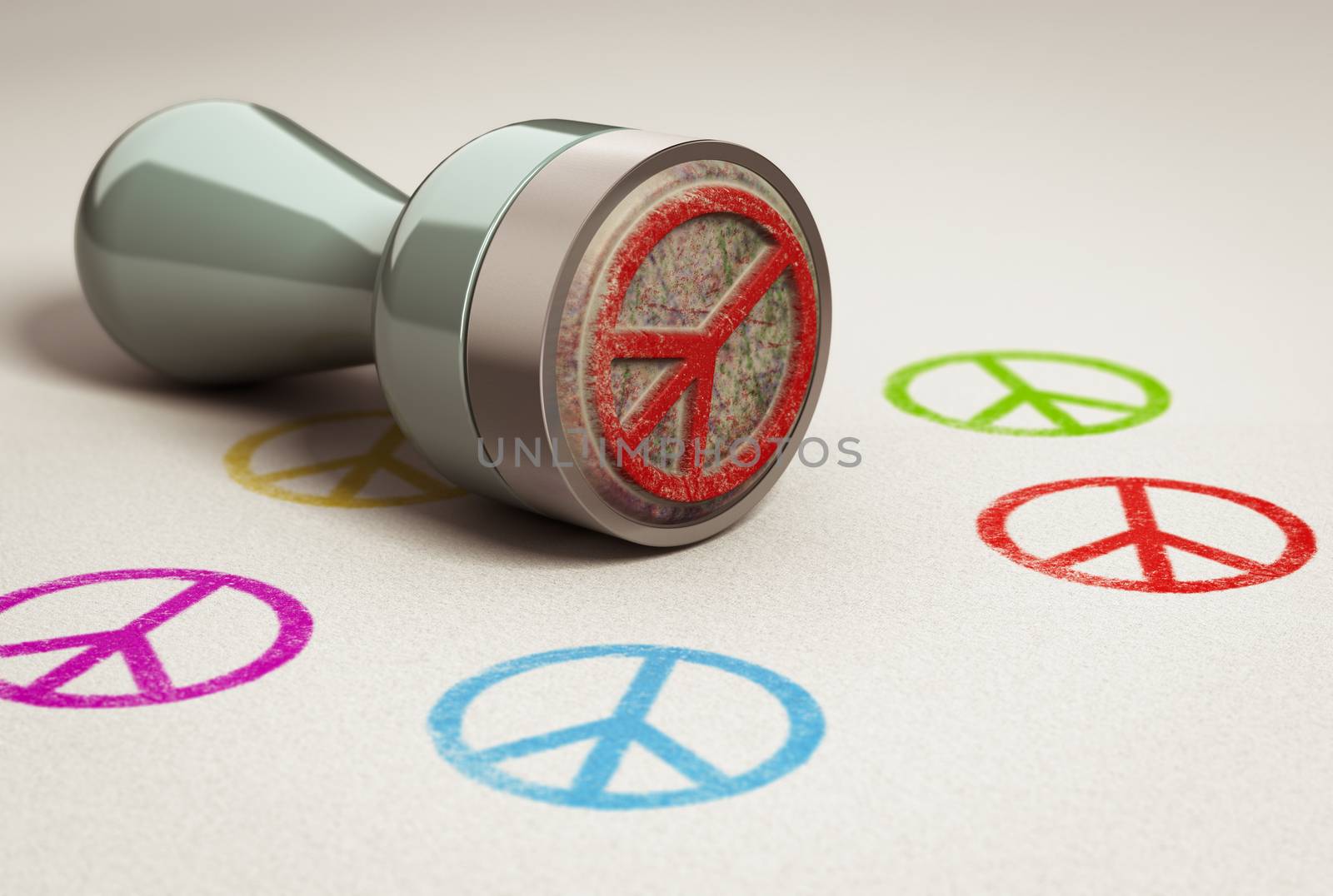 Rubber stamp over paper background with peace and love symbol printed on it. concept image for illustration of anti war