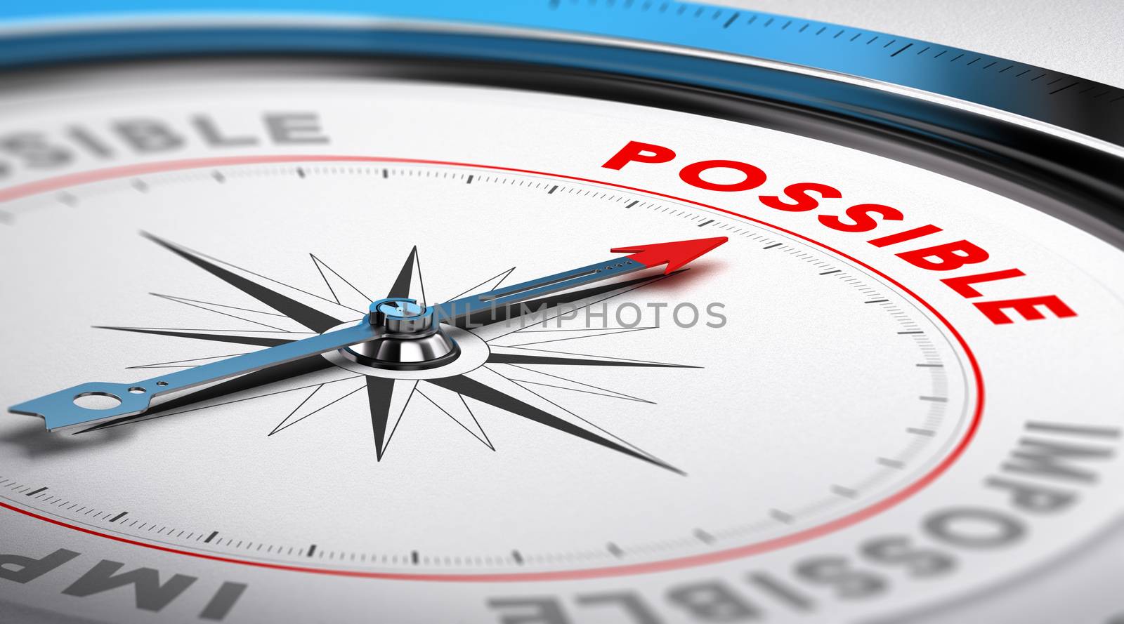 Compass with needle pointing the word possible. Conceptual illustration suitable for motivation purpose or goal achievement.