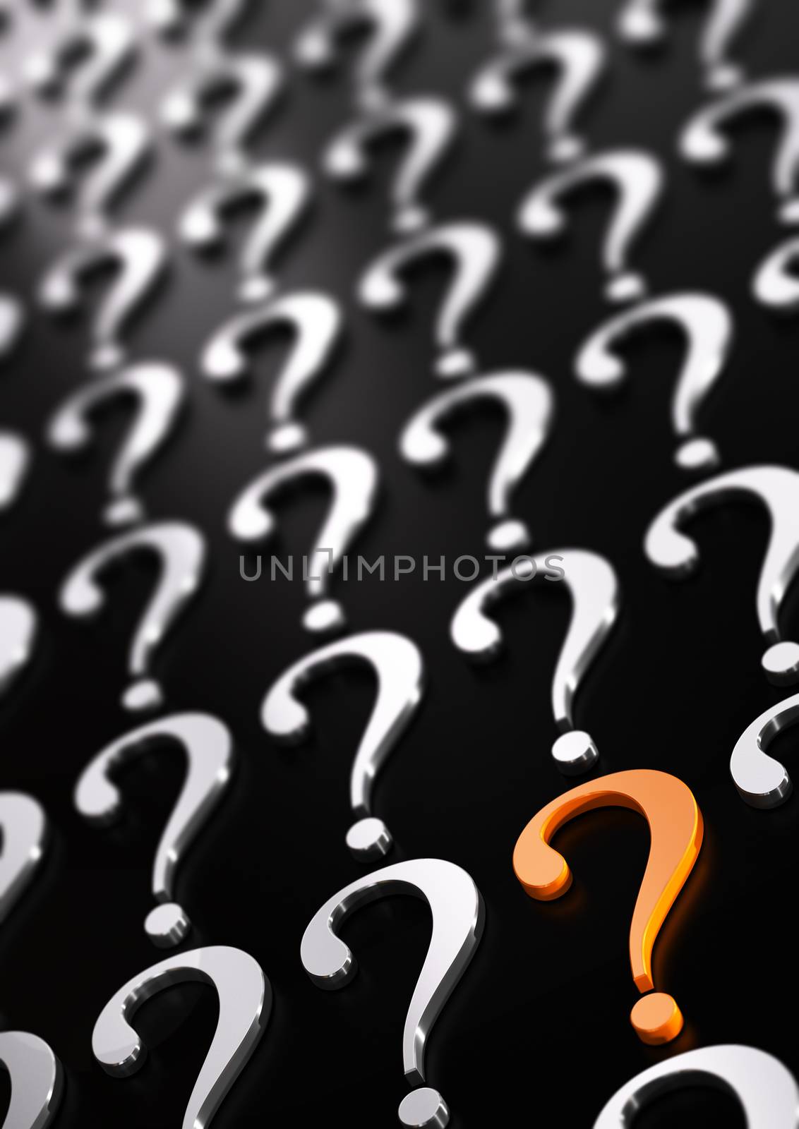 Conceptual question  marks, black and orange tones. Concept background image for illustration of FAQ.