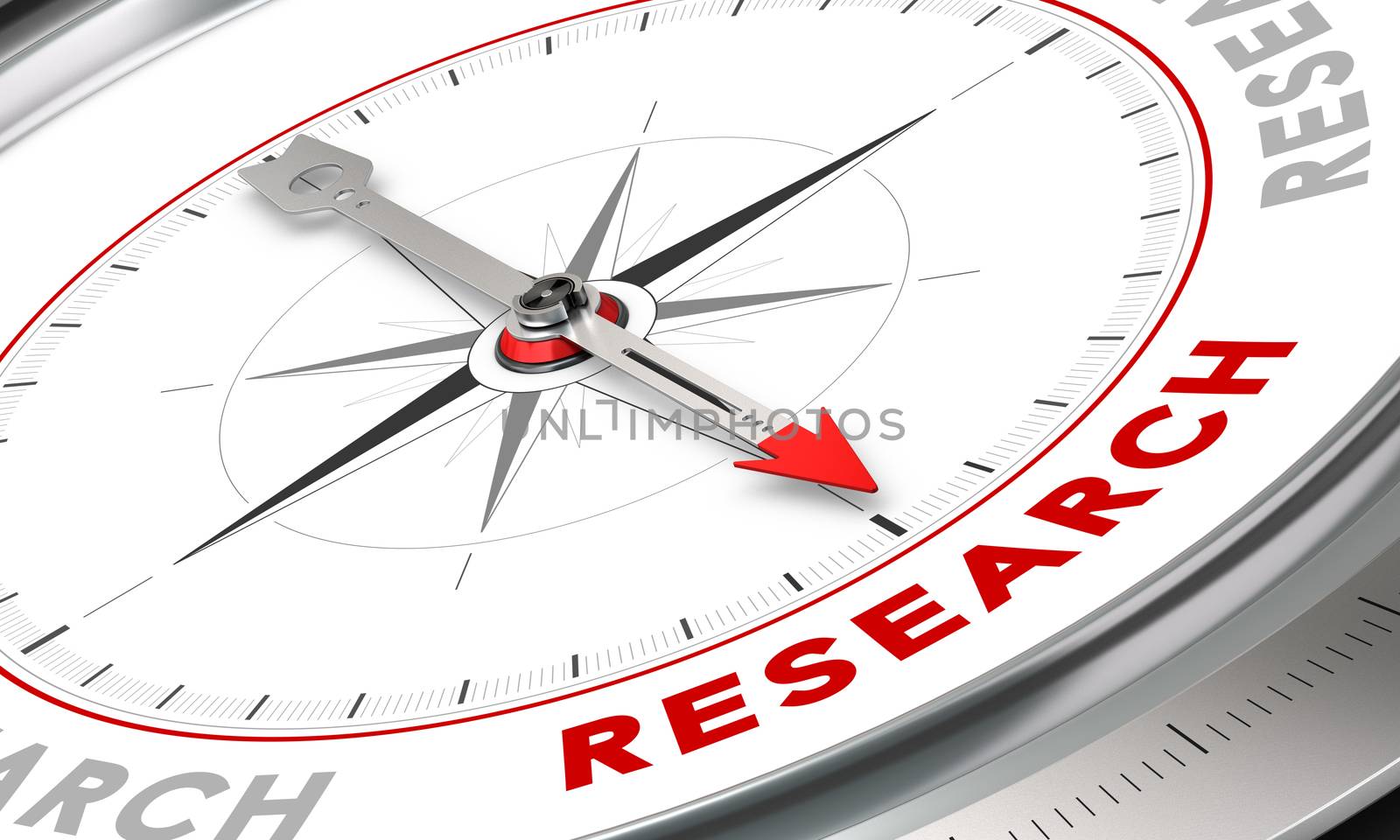 Compass with needle pointing the word research. Conceptual illustration for cognition development and inovation.