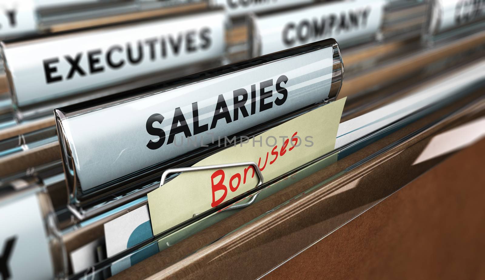 Close up on a file tab with the word salaries and bonuses, focus on the main text and blur effect. Concept image for illustration of year end bonus.
