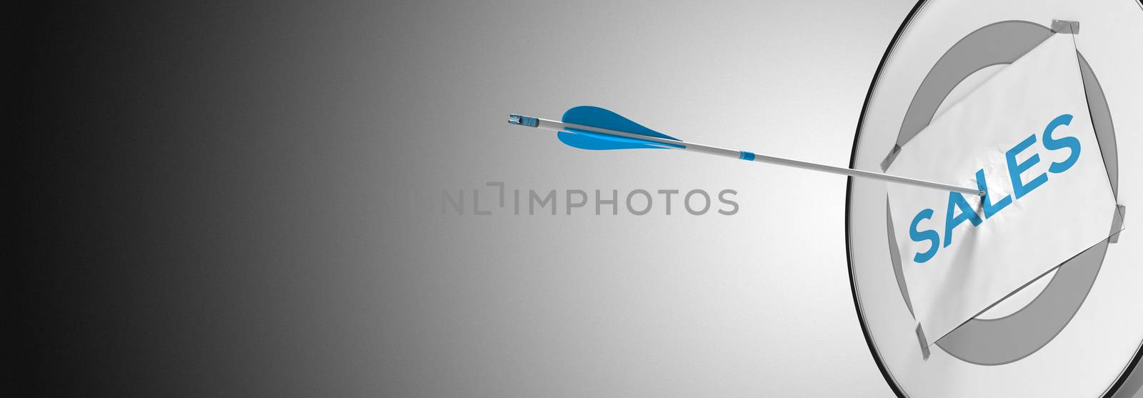 One arrow hitting the center of a modern dart, target concept to illustrate successful sales prospection or strategy. 3D render.