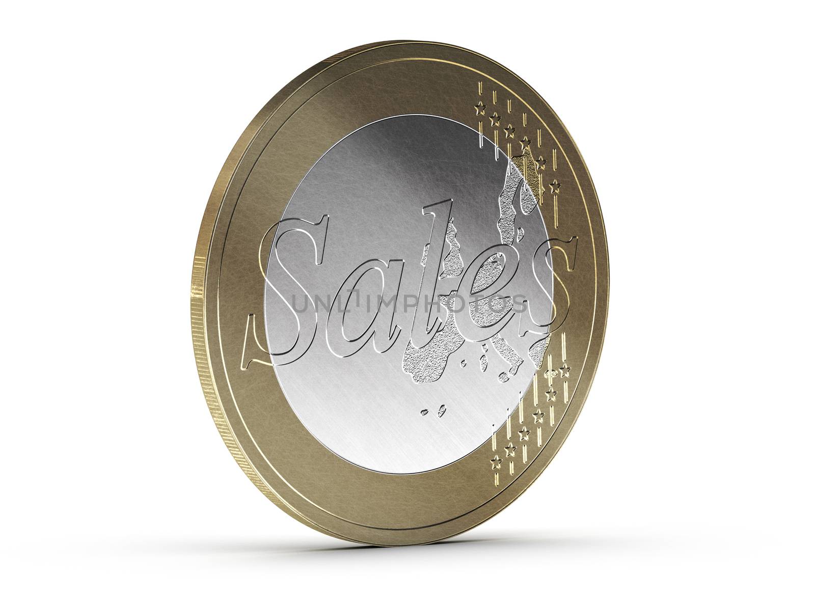 Sales euro coin over white background with shadow and scratches. Conceptual image for business incentive or motivation.