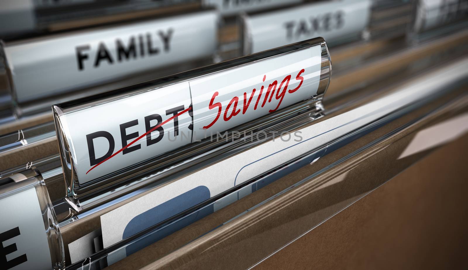 File tab with focus on savings. Conceptual image for illustration of debt vs savings