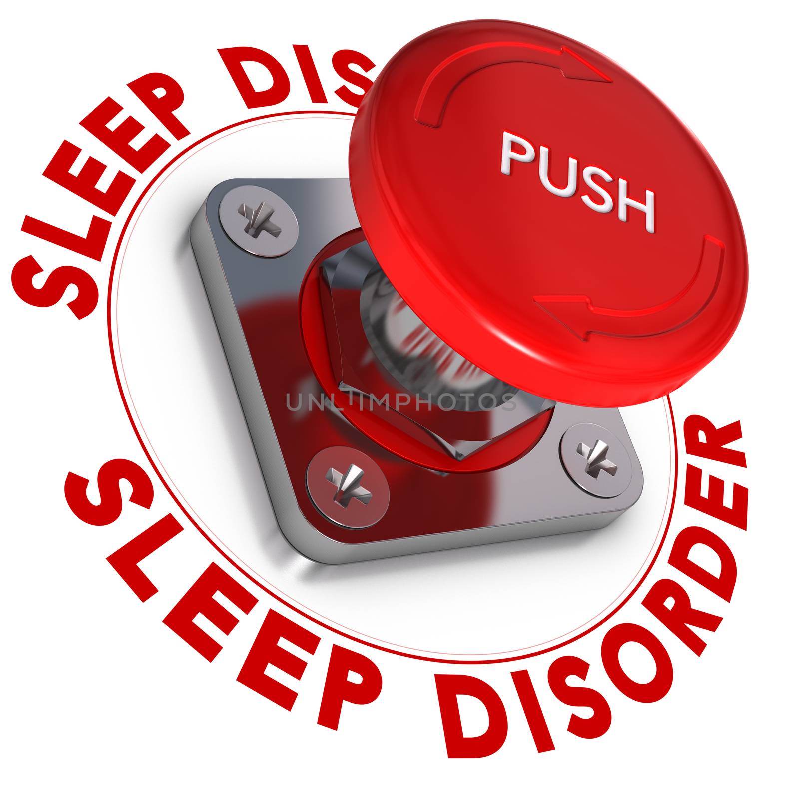 Sleep disorder word written around a panic button, white background, somnipathy concept