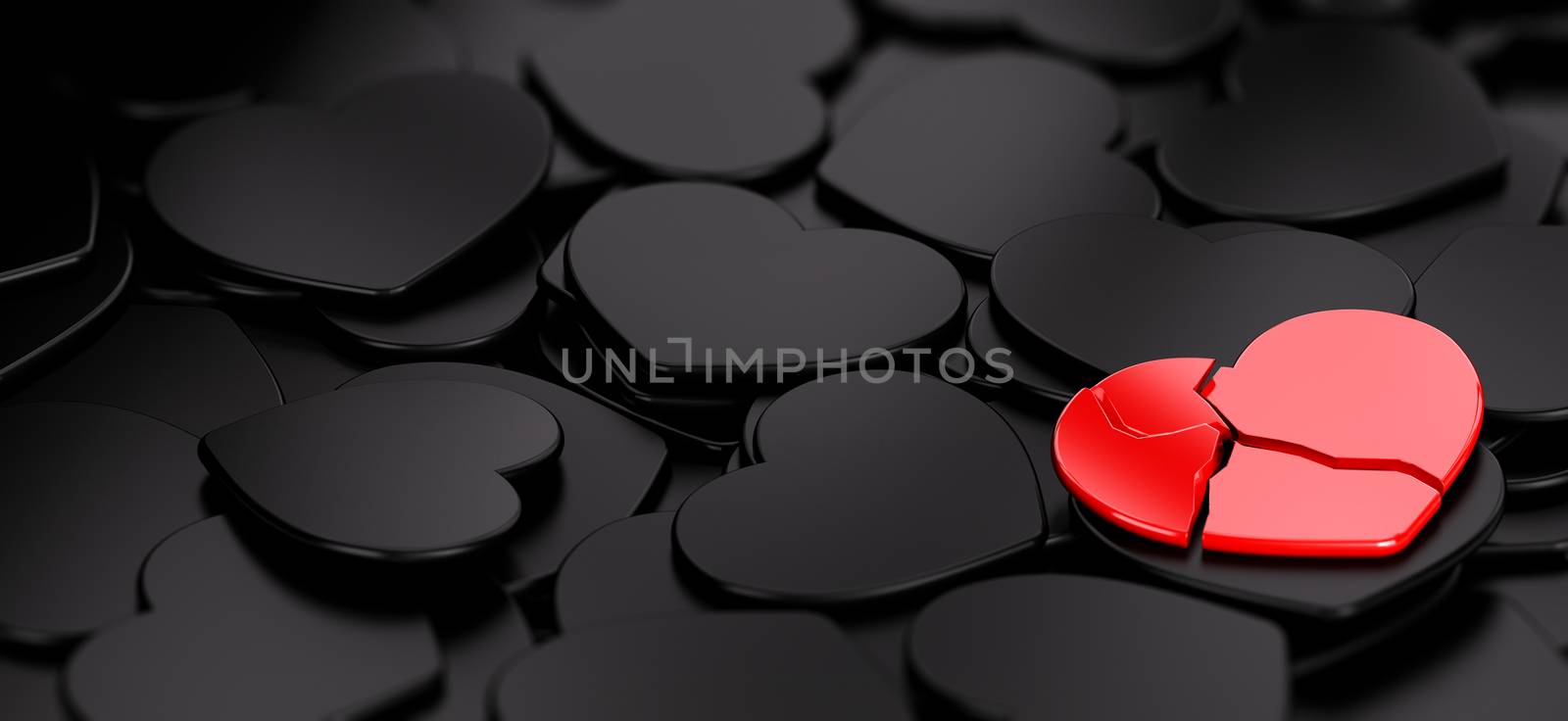 heart broken over many black hearts, symbol of loneliness, background with copyspace on the left