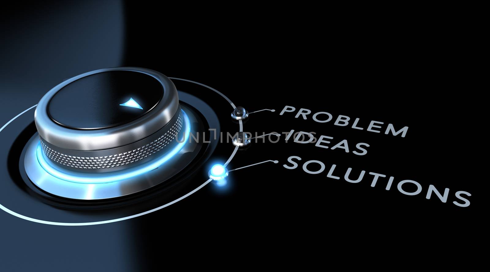 Solution switch positioned on the word solutions over black and blue background. Concept of problem solving. 