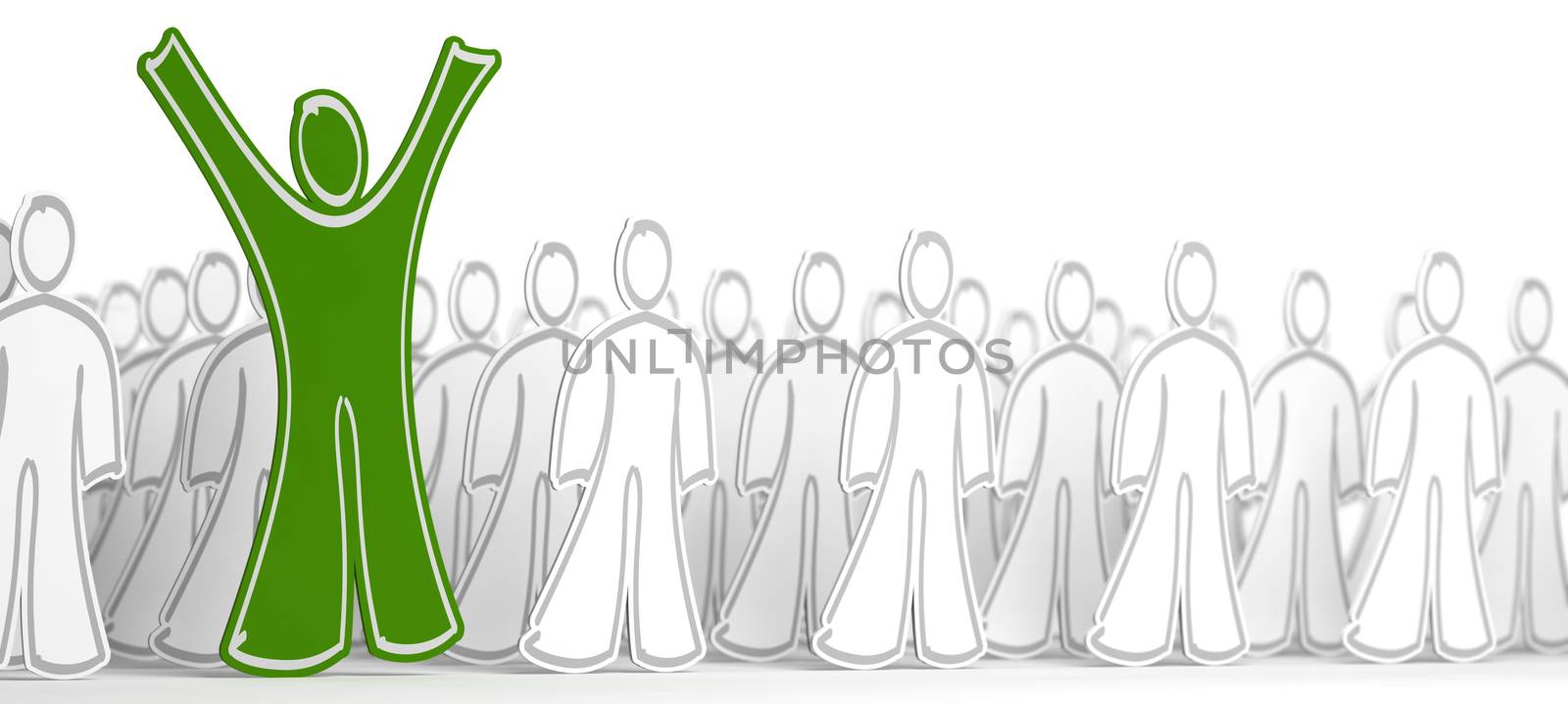 Many white character with arms down and one green person with his arms raised. Conceptual illustration symbol of success in business or successful candidate.