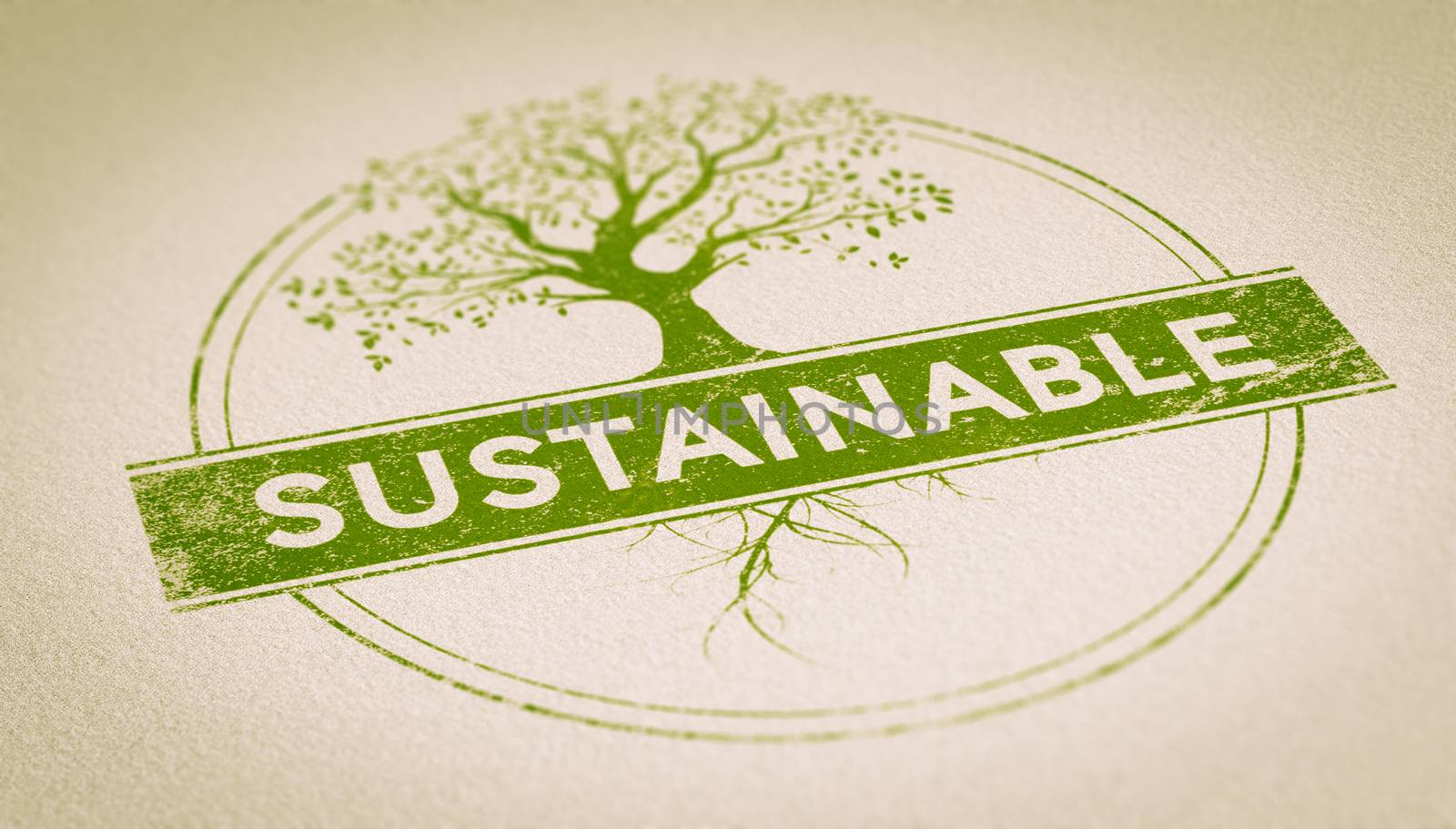 Green rubber stamp imprint on a sheet of paper composed of a tree and the word sustainable inside a circle with depth of field effect. Concept image for illustration of sustainability and environment.
