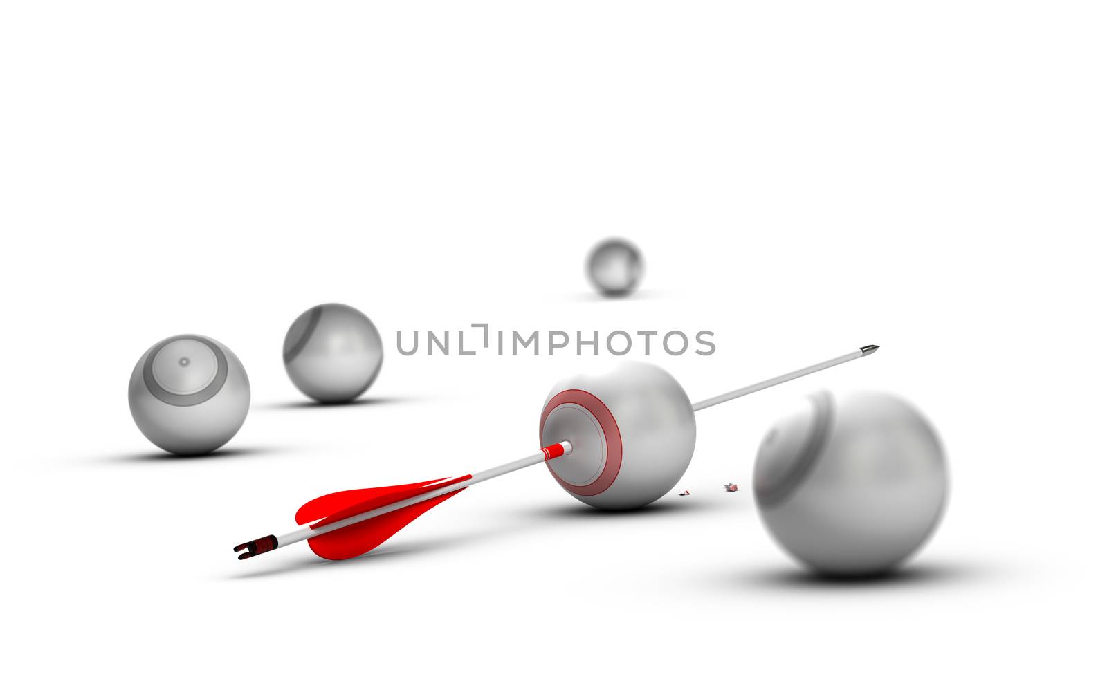 Concept image for illustration of setting goals and achieve them. Sphere targets over white background with one arrow hitting the center of the red one