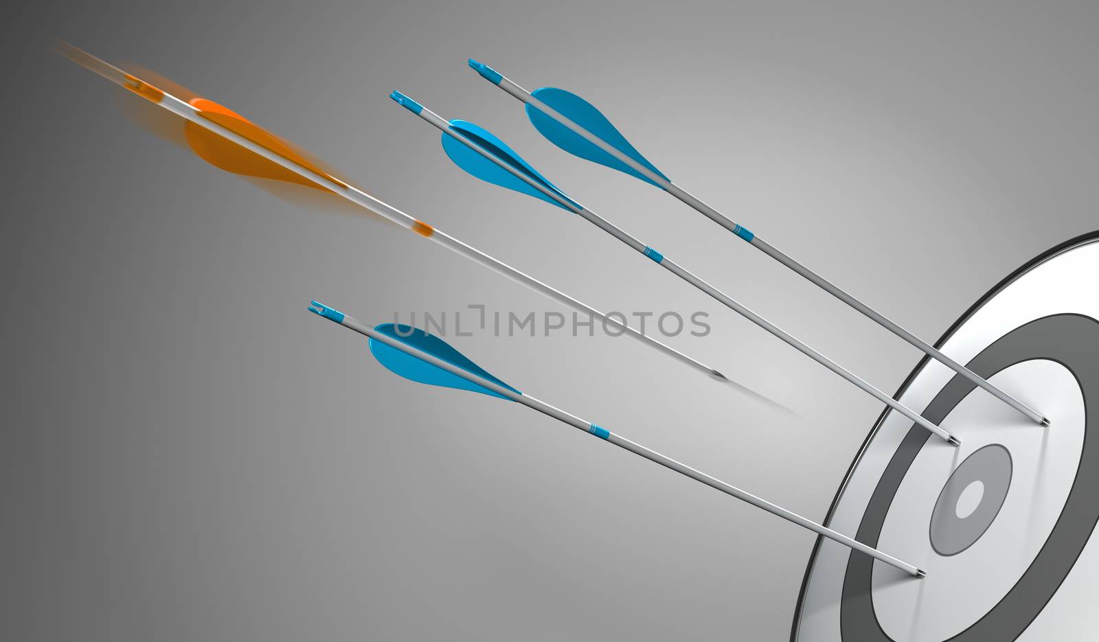 Three blue arrows hitting a target plus an orange arrow hitting the center, 3D concept illustration of competitive excellence or strategic business.