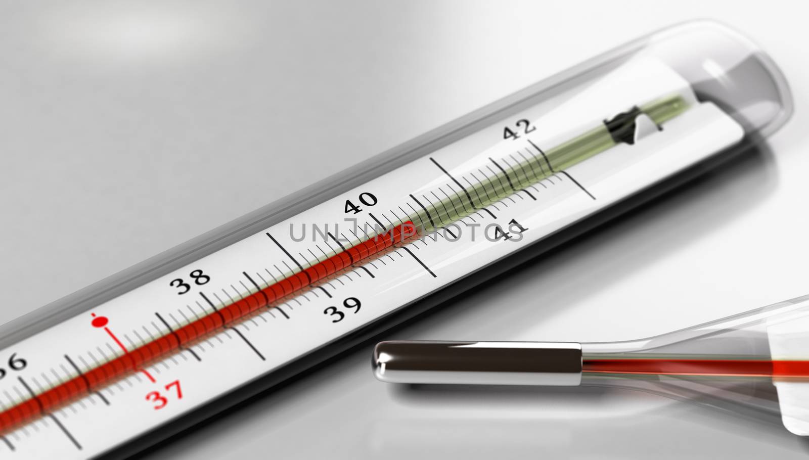 Thermometer over grey background. Image for illustration of fever or high temperature.