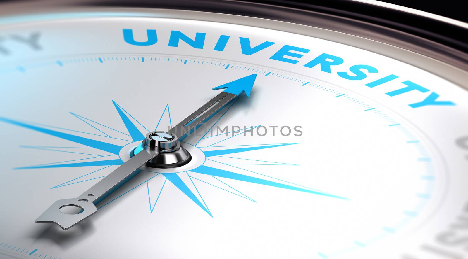 Choosing an university concept. 3D image with a compass with needle pointing the word university. Blue and white tones.