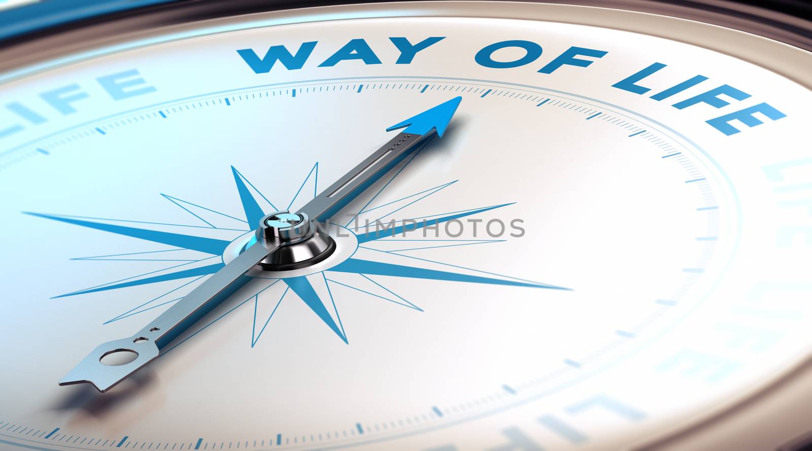 Compass with needle pointing the text way of life, concept image to illustrate changes in life, blue and beige tones.