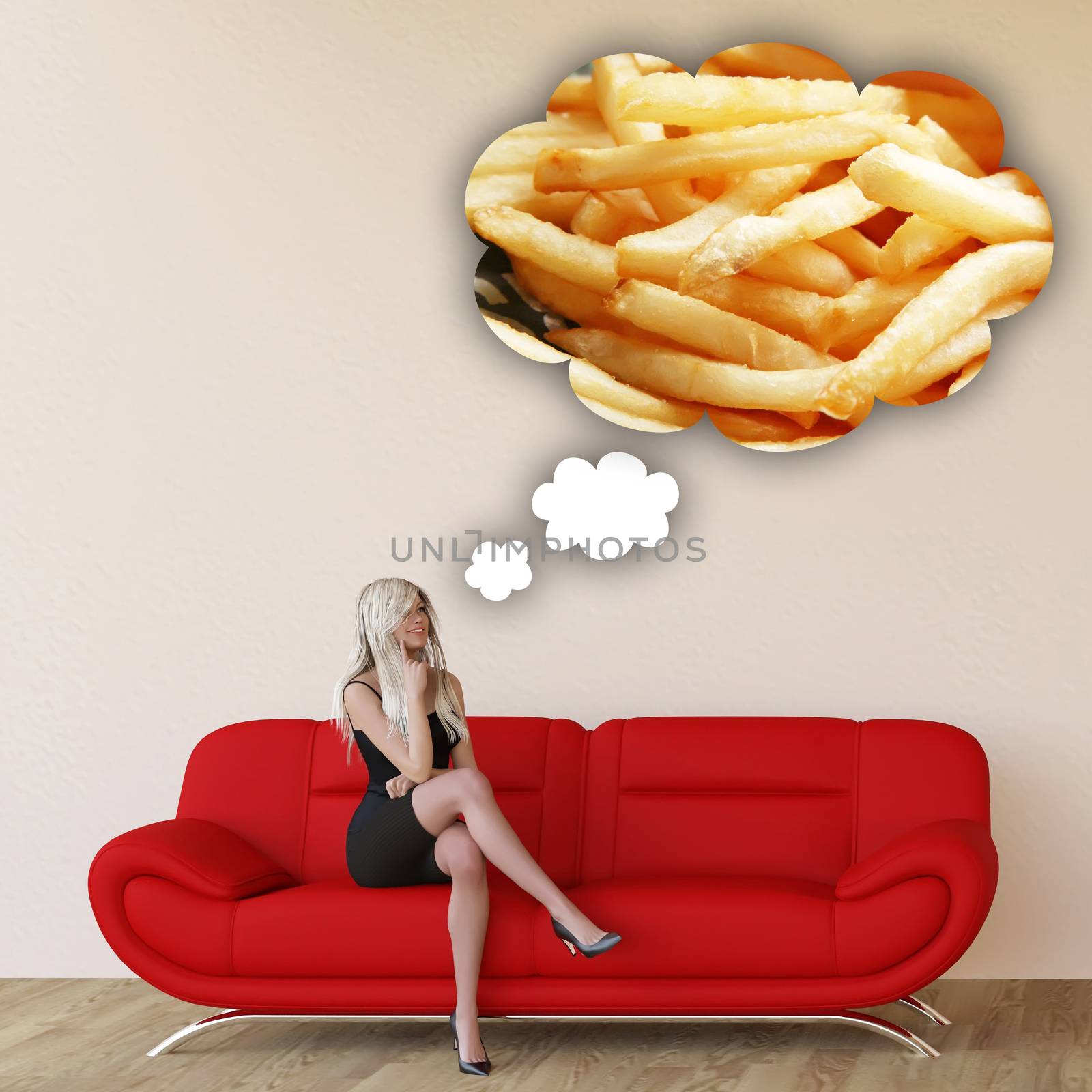 Woman Craving French Fries and Thinking About Eating Food