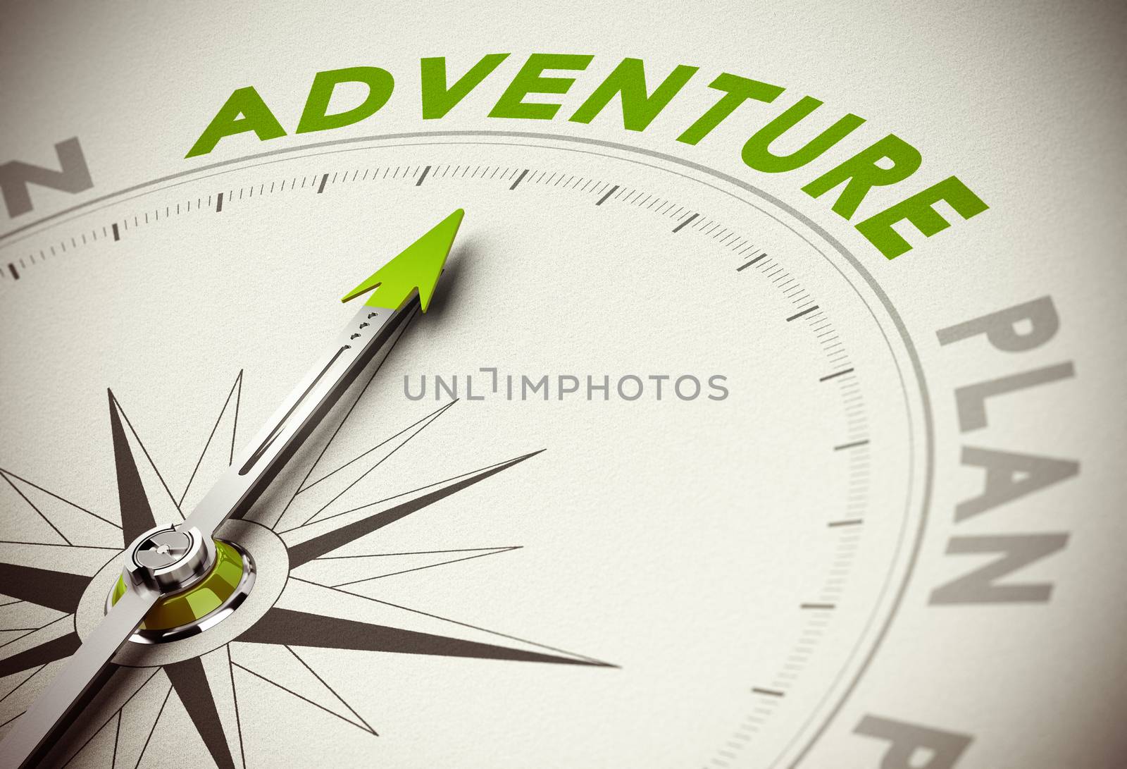Compass with needle poiting the word adventure, green and beige tones