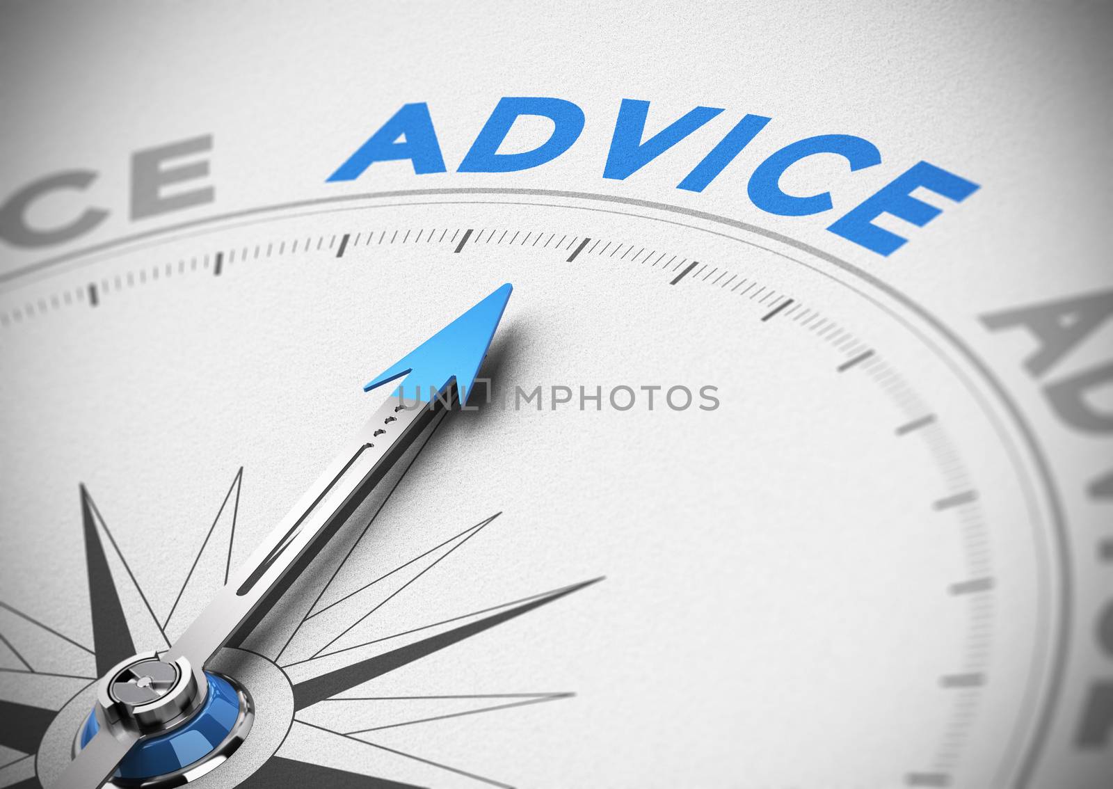 Compass with needle pointing the word advice concept of business consultant, blue and beige tones, blur effect with focus on the main text.