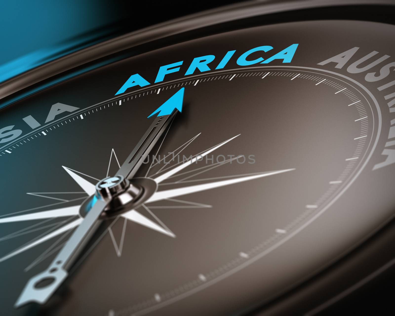 Abstract compass needle pointing the destination africa, blue and brown tones with focus on the main word. Concept image suitable for illustration of trip counseling.