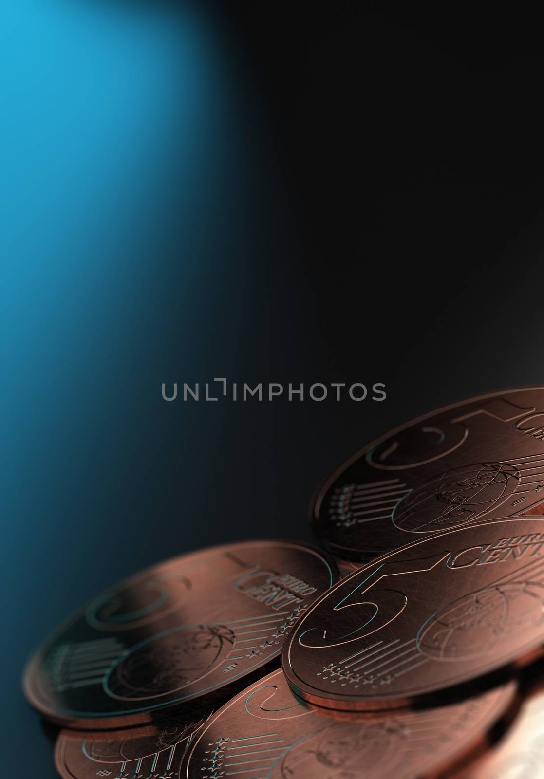 Euros currency, close up 5 cents coins over blue background with blur effect