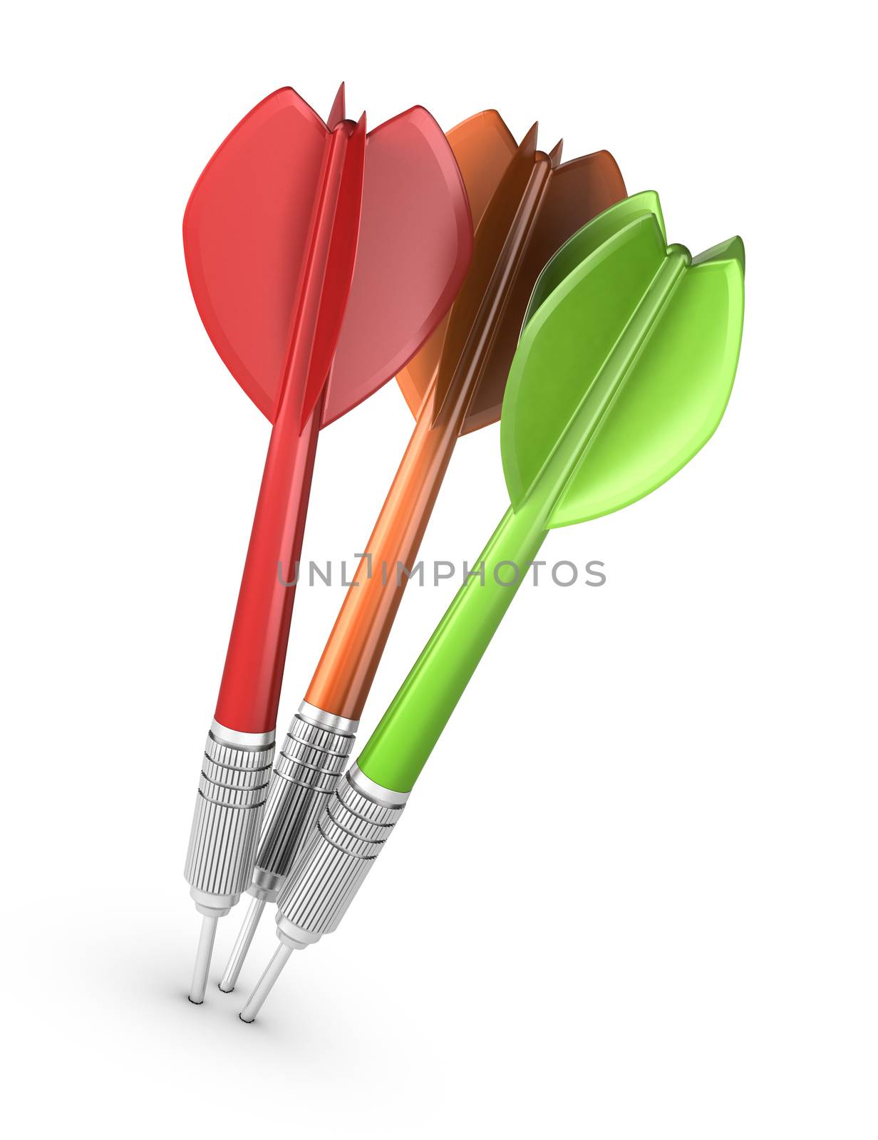 Three darts hitting the center of a dartboard over white background, modern design for illustration purpose. Concept of marketing strategy or business communication. 