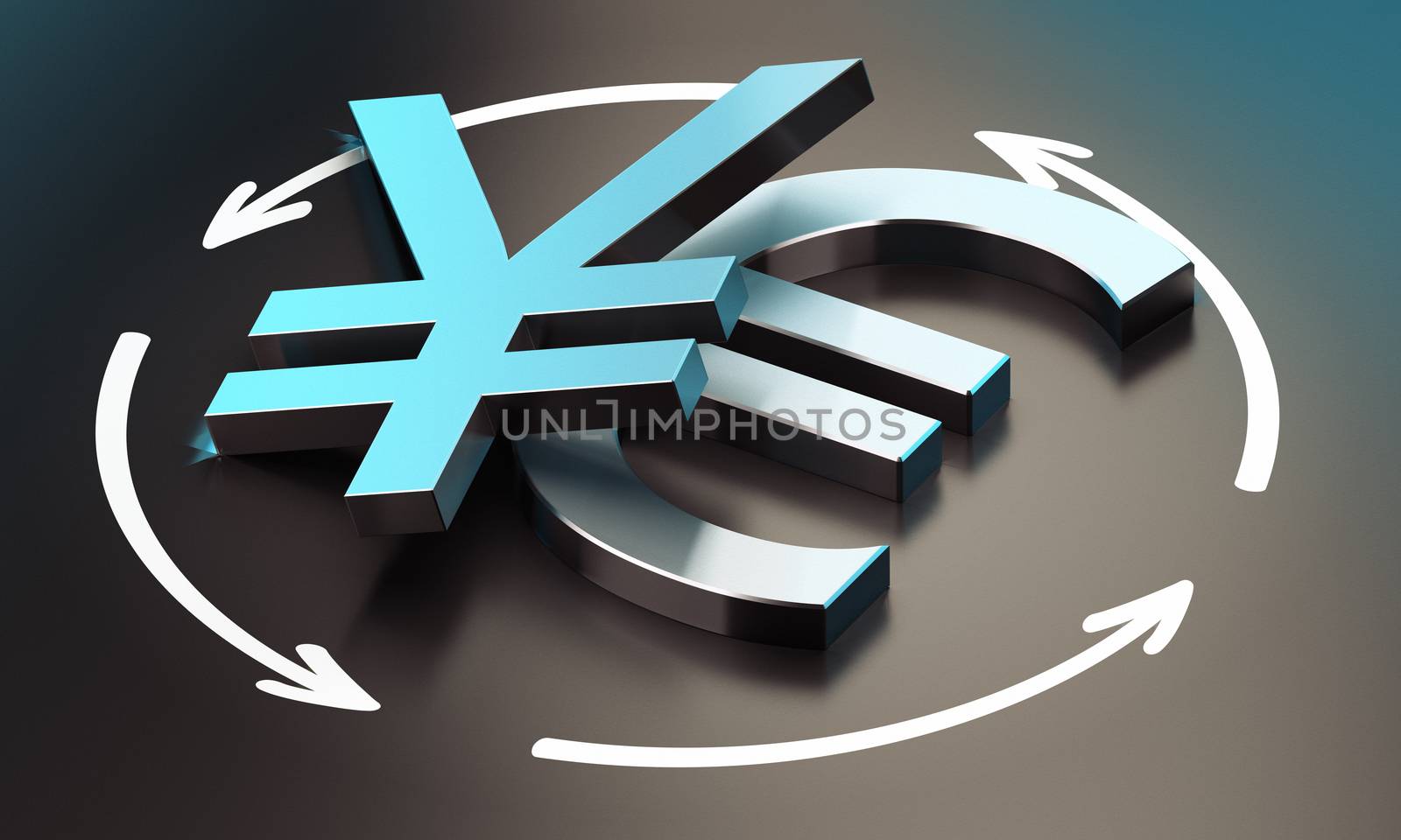 EUR and JPY pair over black background with arrow, symbol of exchange between the two currencies. 