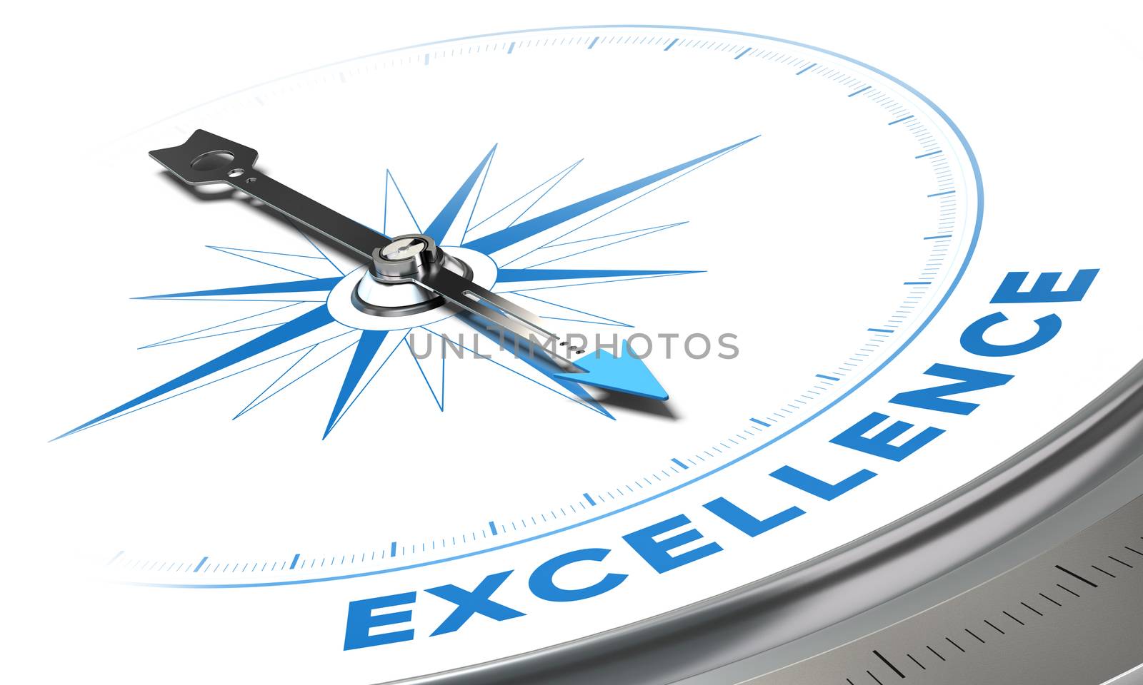 Excellence background concept. Compass needle pointing a blue word, decorative image suitable for left bottom angle of a page.