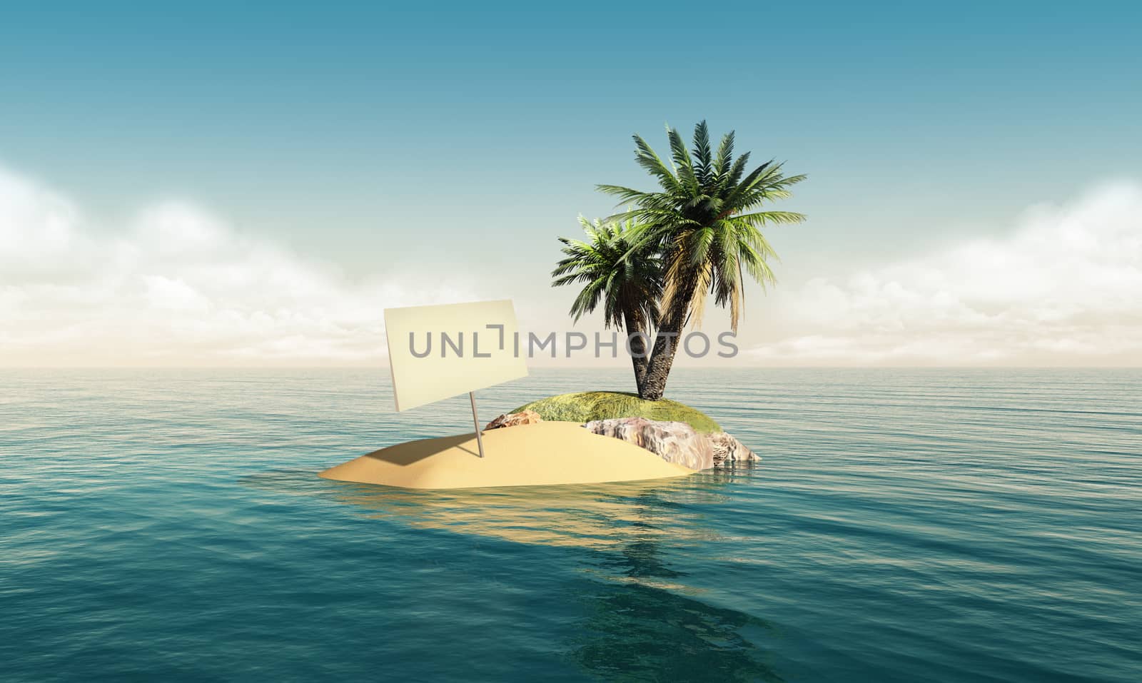 Small tropical island in the middle of the ocean with a small palm tree and a blank sign on it