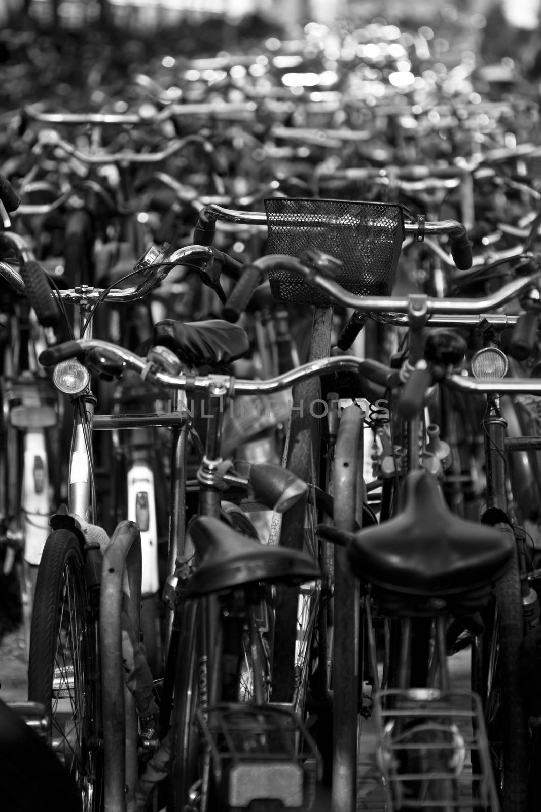 Vertical black and white picture of a bicycle parking lot in Amsterdam, Netherlands