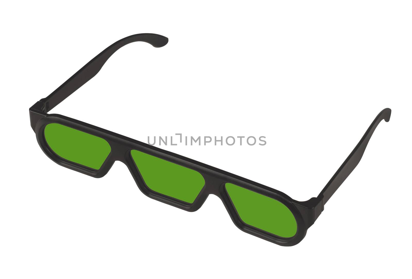 Horizontal side view of a pair of 3D glasses with three lenses isolated on white background
