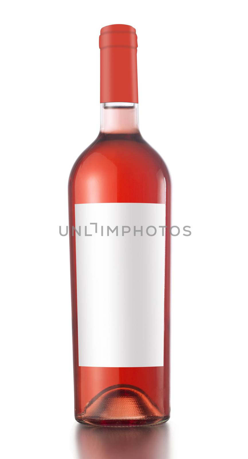 Rose wine bottle with label and red cap isolated on white background