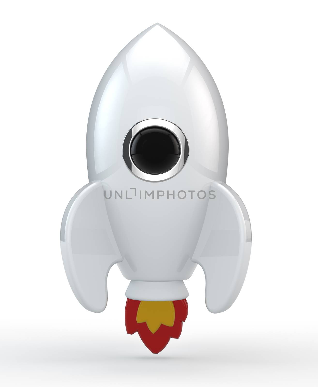 3D render of a symbolic rocket. The rocket is white and has red and yellow flames coming out from its thrusters.  In the middle of the rocket there is a chrome, black glass window. All elements are isolated on white.