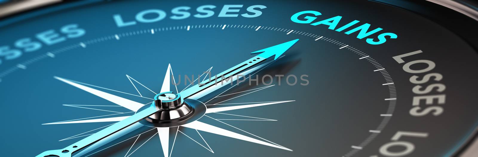 Conceptual 3D render image with blur effect, Compass with needle poointing the word gains. Illustration of financial advice or counseling 