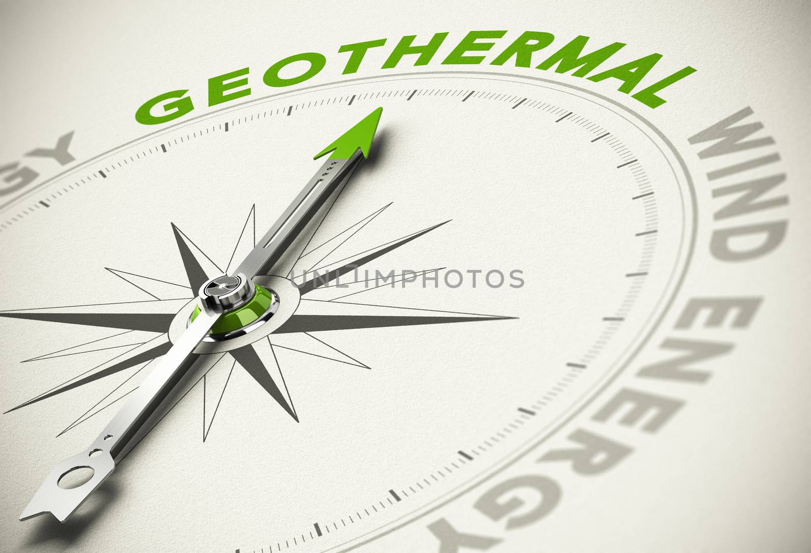 Compass with needle pointing the text GEOTHERMAL - Green and renewable energies concept blur effect with focus on the main word.