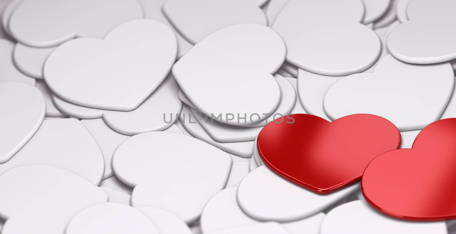 Love background, dating concept, conceptual and abstract artwork design with two red hearts shape in the middle of other white ones with blur depth of field effect, horizontal banner, card