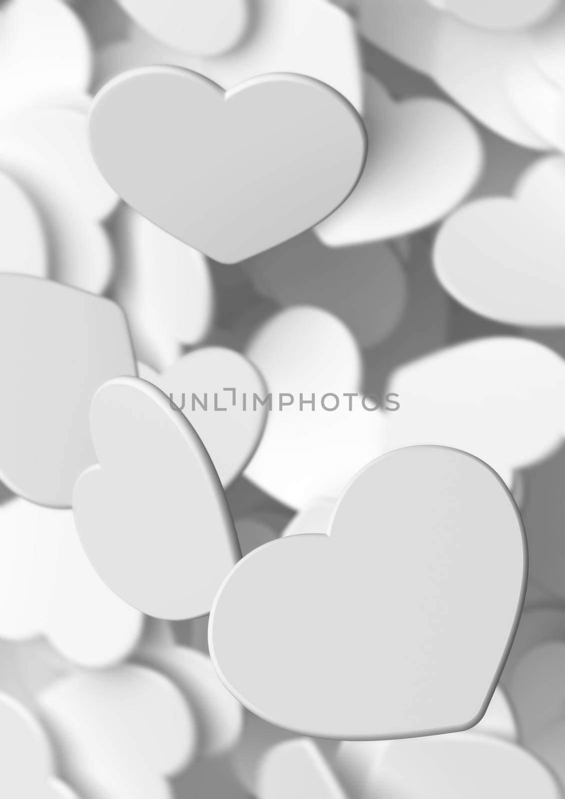 Love Valentines concept, conceptual and abstract artwork design with focus on one heart shape at the foreground, vertical image, Valentine card background