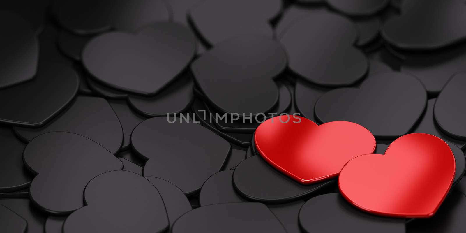 Two red Heart shapes over black ones. Symbol of love. Passion card with copyspace for message.