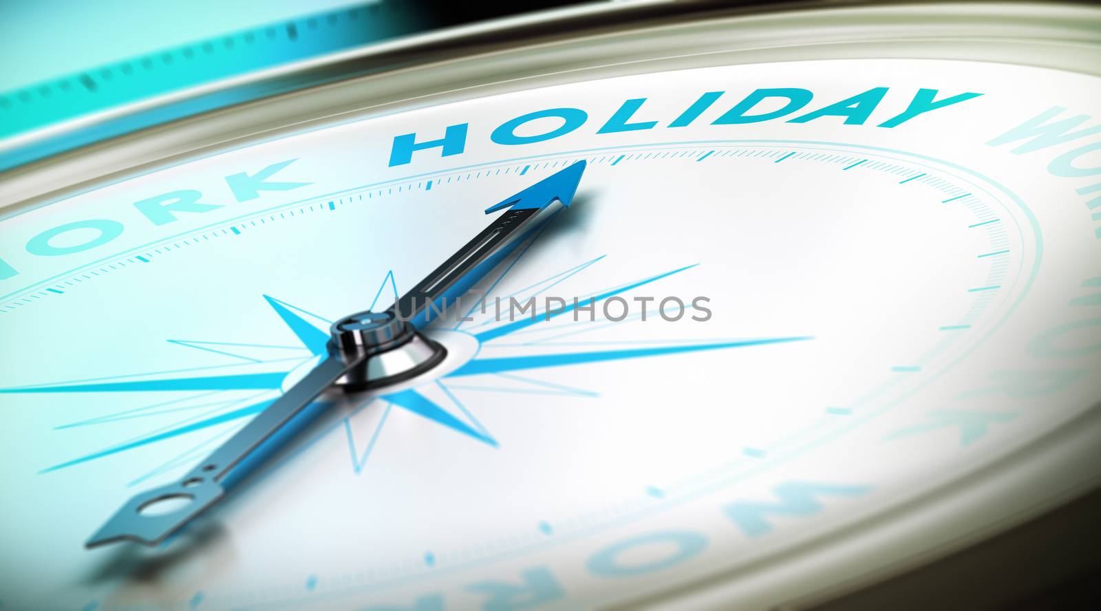 Compass with needle pointing the word holiday with blur effect plus blue and black tones. Conceptual image for illustration of time off